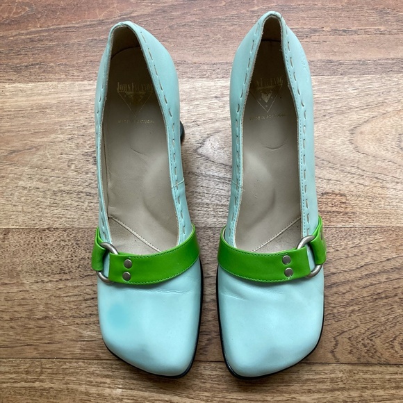 John Fluevog Hi Choice Vanny’s leather lime green & light blue heels NEAR MINT - Picture 9 of 9